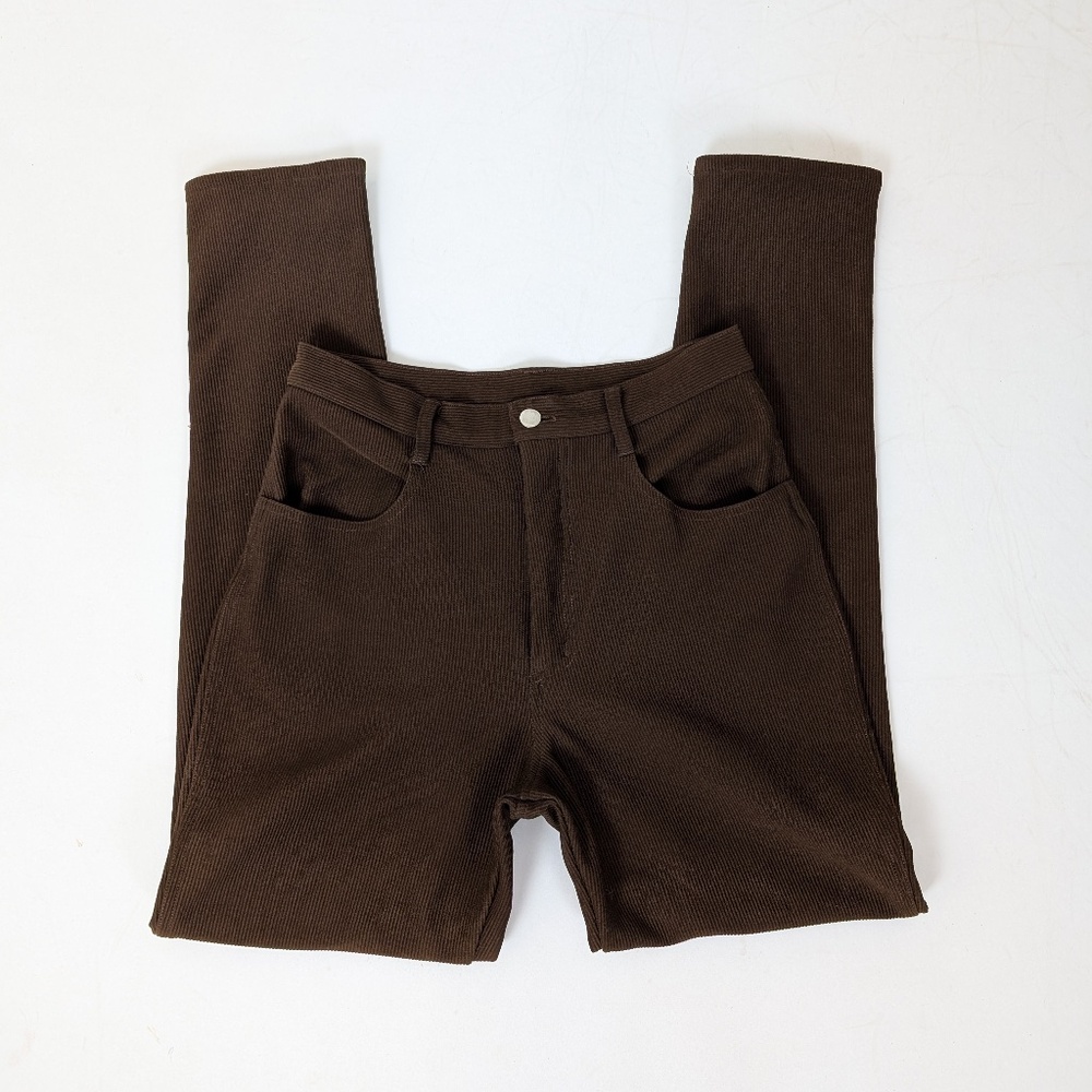 90s Ribbed Brown Pants Skinny Leg Bootcut Ultra High Waist - Picture 2 of 8